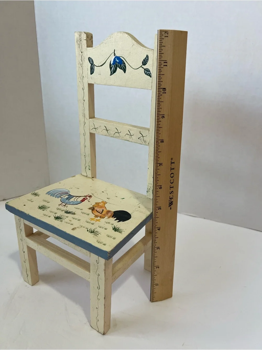 Handpainted Wooden Doll chair Rooster Rolk Art Miniature Farmhouse Decor 12